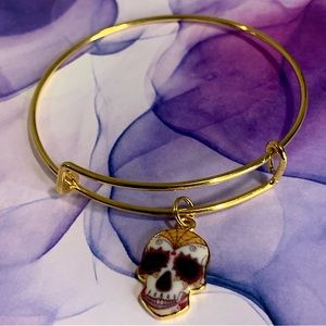 Gorgeous HALLOWEEN Sugar Skull Gold Tone Bangle Bracelet!